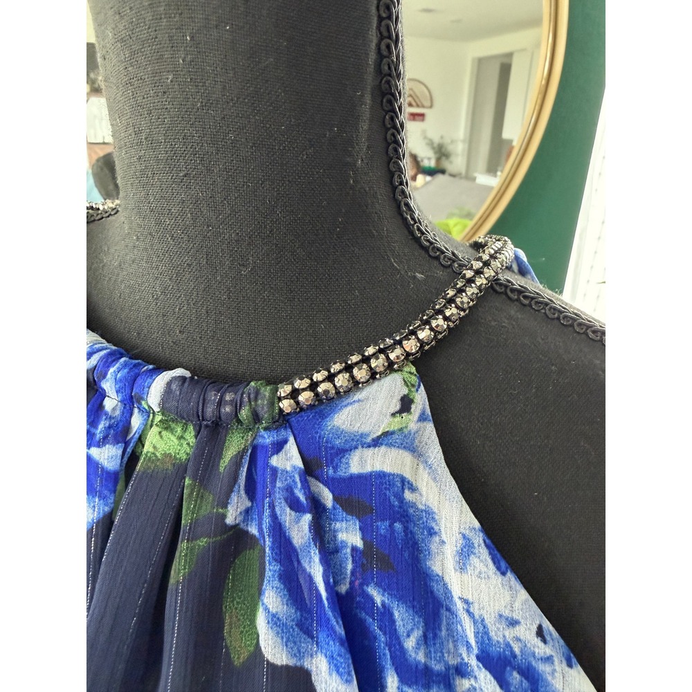 SLNY Blue Floral Tiered Halter Dress Metallic Stripe Size 18 Resortwear Vacation - Picture 2 of 11